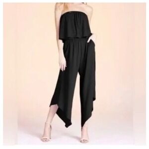 KLD Womens Black Strapless Wide Leg Jumpsuit Ruffle‎ Overlay Medium NWT
